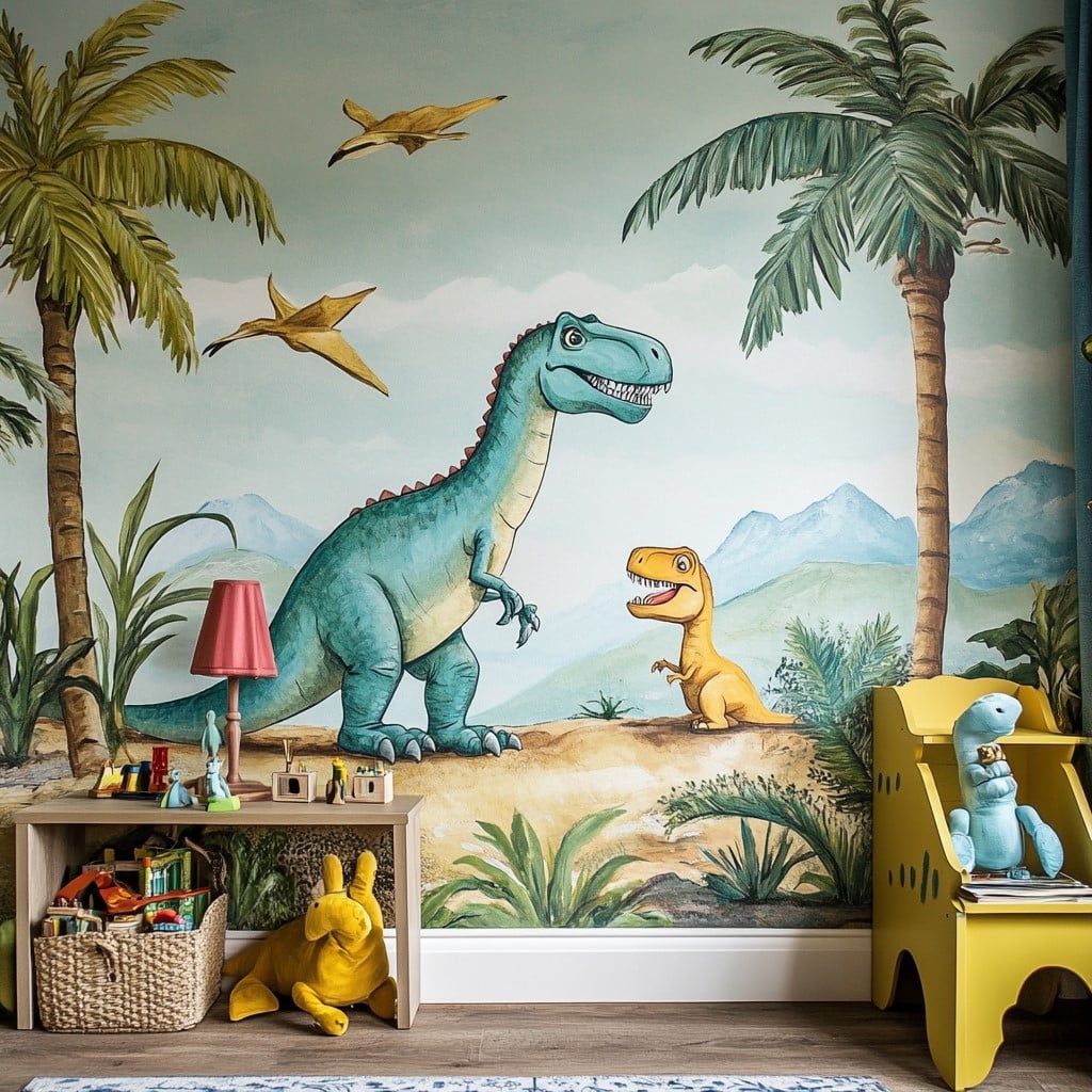 Muurschildering kinderkamer Dino's