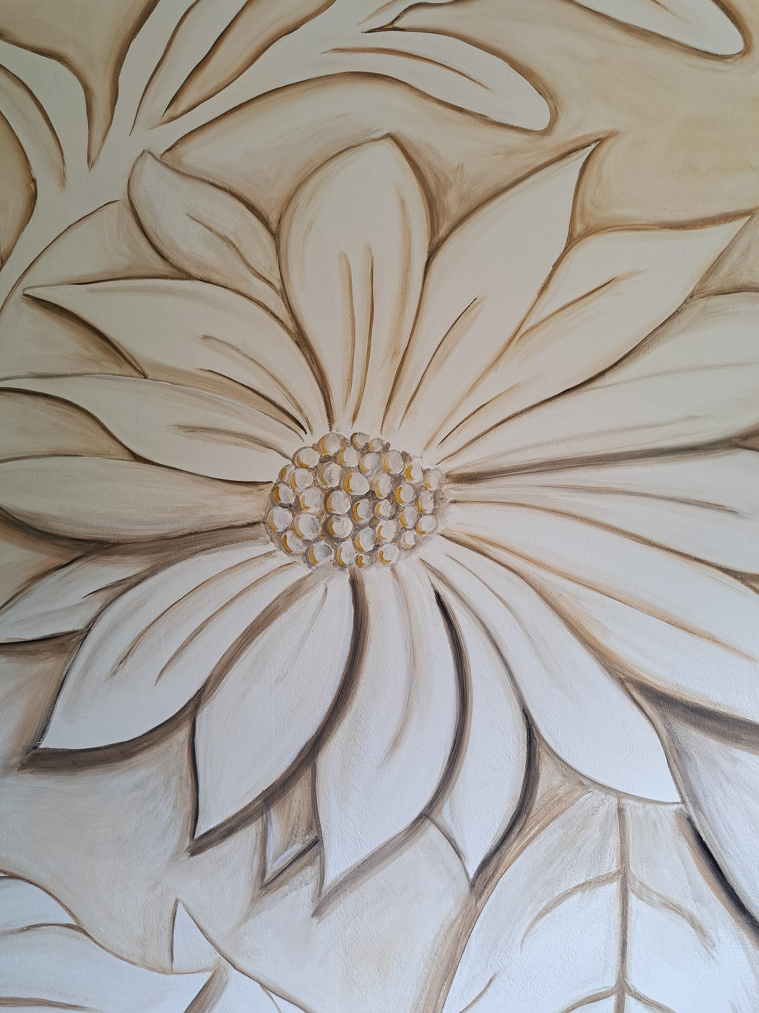 Muurschildering woonkamer witte 3D bloemen
